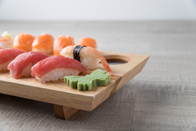 Sushi on Wood plate, on a nice white wood